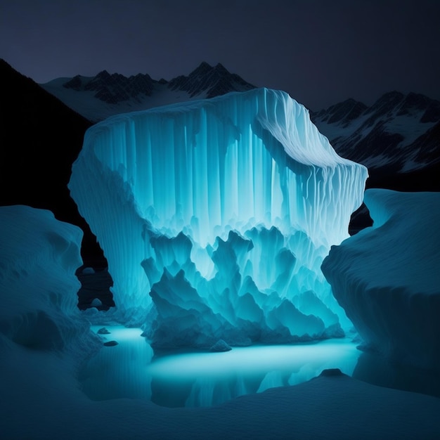 Un grand iceberg avec une lumière bleue dessus