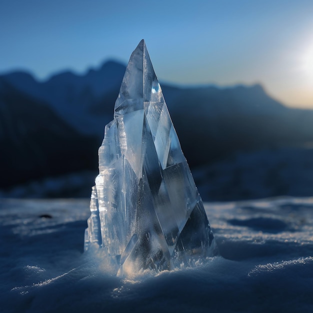 Un grand iceberg avec le soleil se couchant derrière lui.