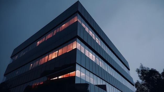 Un grand immeuble de bureaux avec une façade noire et les fenêtres éclairées la nuit.