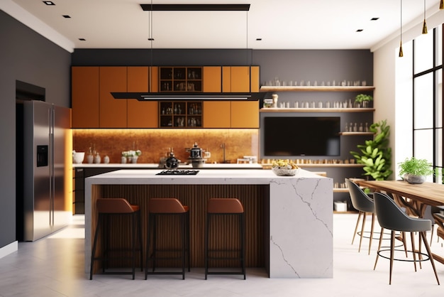 Grand intérieur de cuisine moderne et élégant de luxe avec des meubles et des ustensiles de cuisine dans un appartement hom