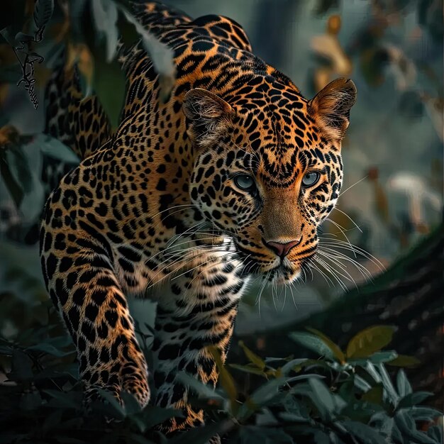 Un grand léopard se promène dans une forêt verte luxuriante