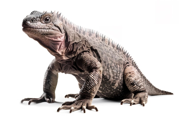 Un grand lézard est debout sur un fond blanc.