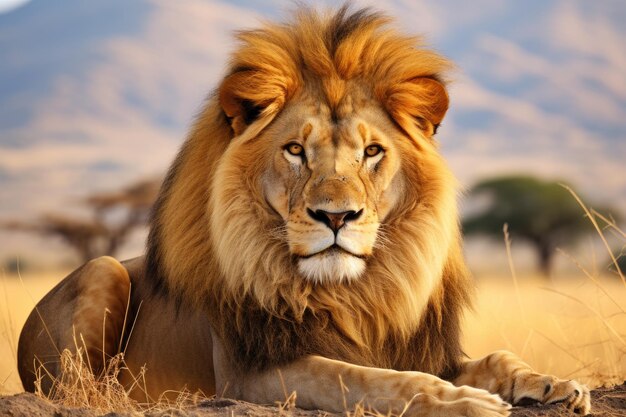 Un grand lion allongé sur l'herbe sur le fond de la savane