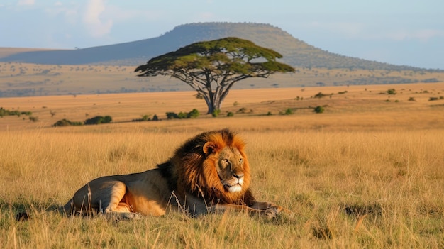 Grand lion allongé sur l'herbe de la savane Paysage avec des arbres caractéristiques sur la plaine et des collines en arrière-plan