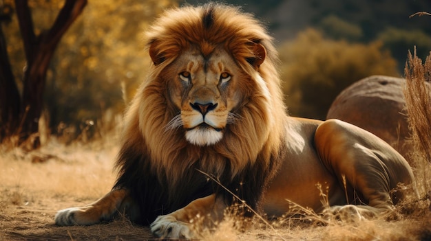 Un grand lion bien nourri profite de la vie et se couche dans l'herbe jaune