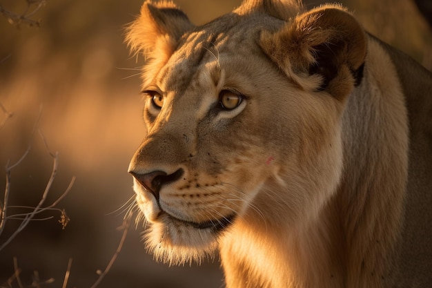 Un grand lion est assis dans un parc par temps ensoleillé d'automne généré par l'IA