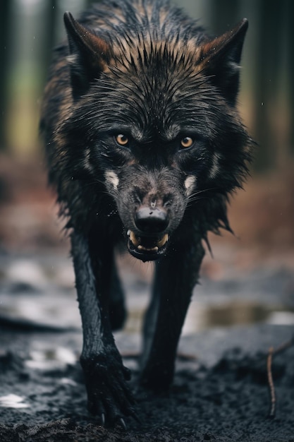 Un grand loup noir grondant sous la pluie Generative AI