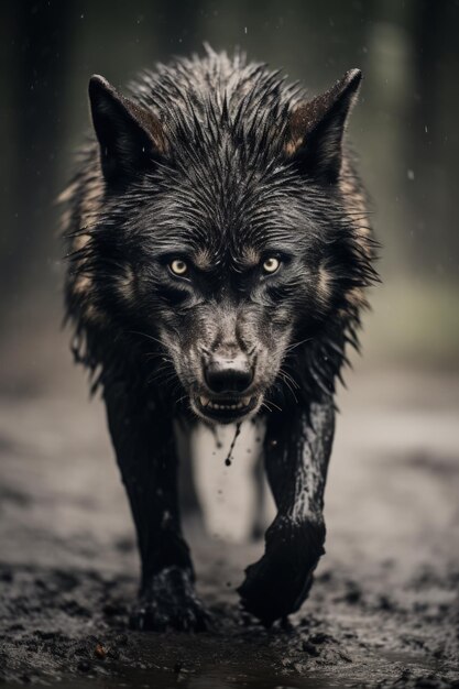 Un grand loup noir grondant sous la pluie Generative AI
