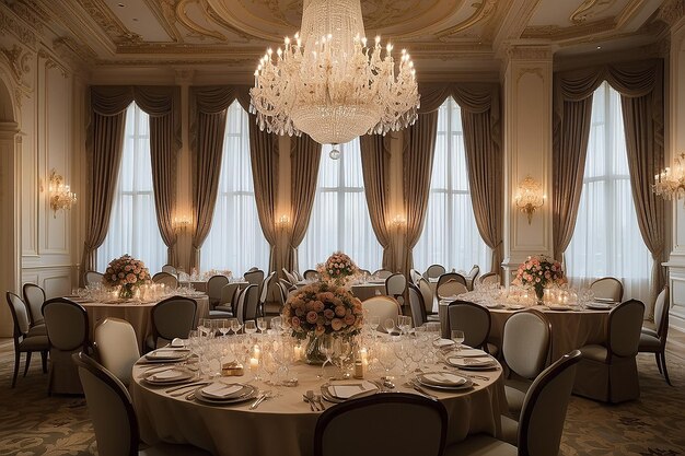 Un grand lustre drapé d'élégance éclaire une table dans une salle de banquet du palais