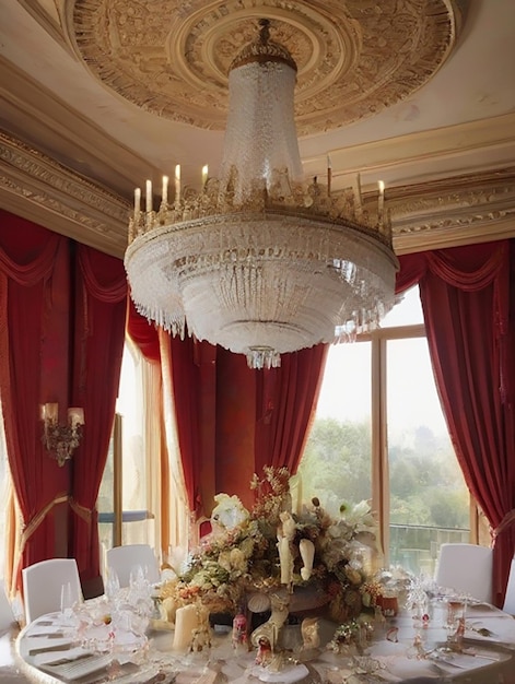 Un grand lustre drapé d'élégance éclaire une table dans une salle de banquet du palais