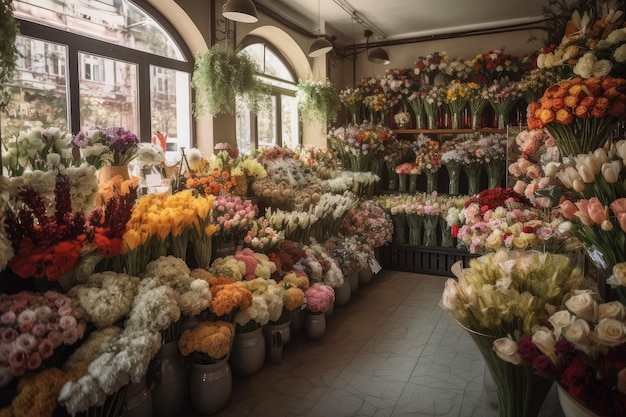 Grand magasin de fleurs avec une variété de fleurs fraîches et colorées exposées