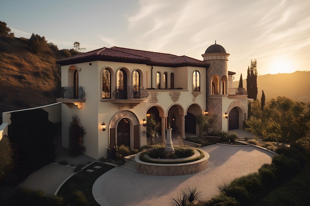 Un grand manoir avec une fontaine devant