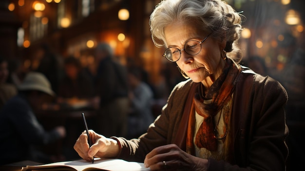 Photo une grand-mère de 60 ans reprend son baccalauréat à l'université avec un stylo à la main et un cahier.