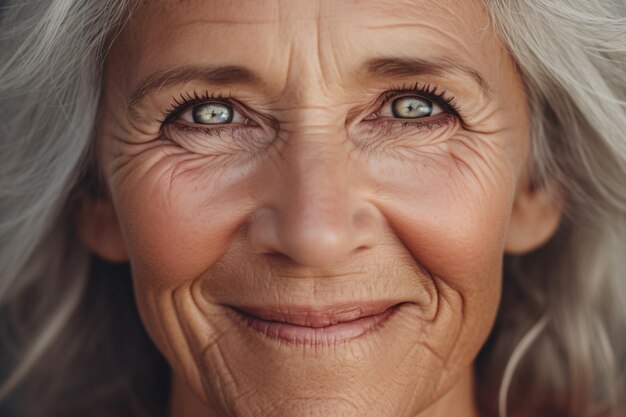 Photo une grand-mère âgée d'une beauté naturelle, dont des cheveux gris, des yeux bleus étincelants et une apparence délicieusement joyeuse, brillait devant la caméra.