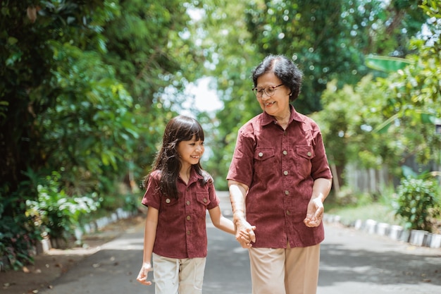 Grand-mère Asiatique Et Petit-enfant Marchant Ensemble Dans Le Parc