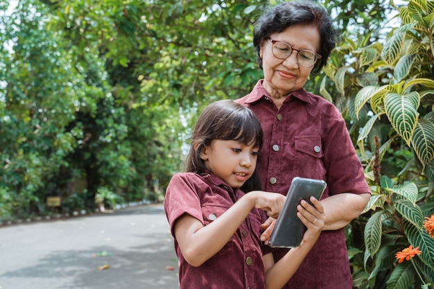 Grand-mère asiatique et petit-enfant marchant ensemble dans le parc