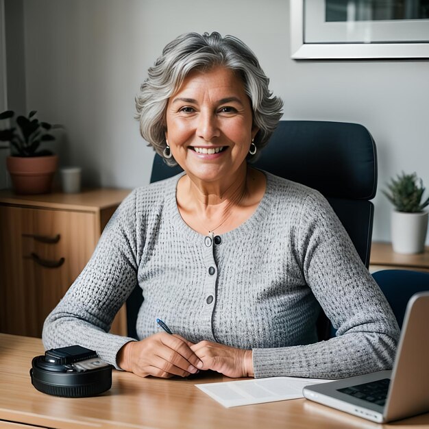 La grand-mère aux cheveux gris est assise à son bureau avec un sourire clair