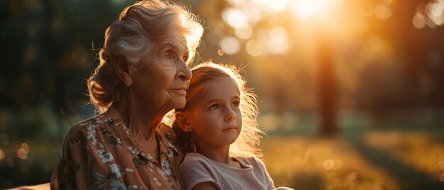 Une grand-mère et un banc de parc pour l'amour et le temps de qualité ensemble dans le jardin pendant les vacances scolaires