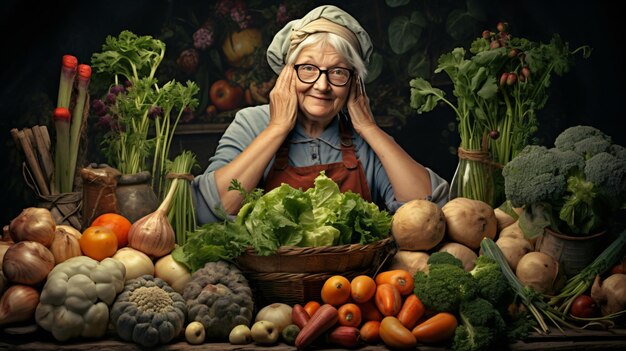 Photo grand-mère dans le jardin avec des légumes