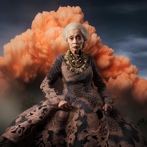 Photo une grand-mère dans un kebaya prend une photo avec un volcan en éruption