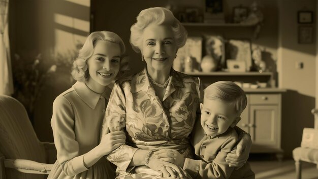 Photo une grand-mère élégante à la maison avec sa fille et son petit-fils.