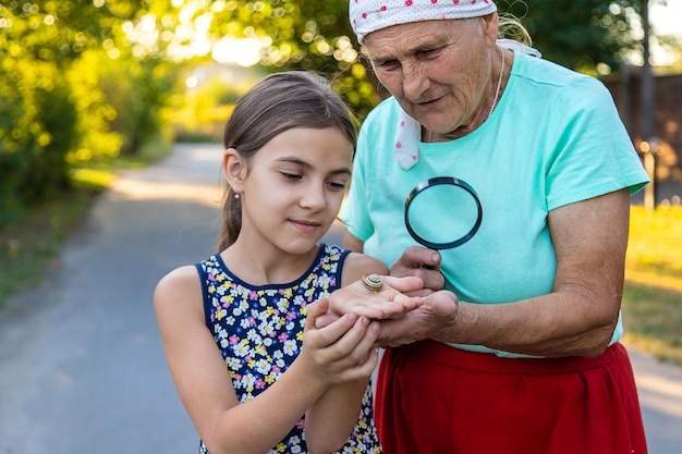 Grand-mère et enfant étudient l'escargot dans le parc Mise au point sélective