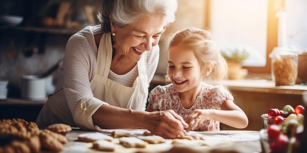 Grand-mère et enfant préparent des biscuits et s'amusent dans la cuisine