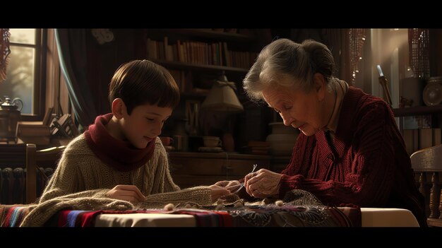 Photo une grand-mère enseigne à son petit-fils à tricoter ils sont assis à une table dans une maison confortable