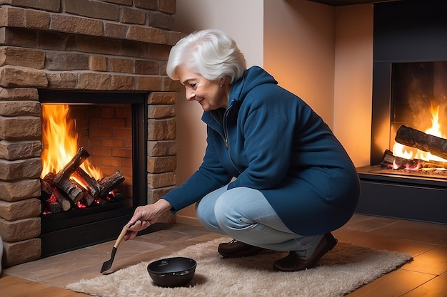 Photo la grand-mère essaie d'allumer une cheminée dans la maison.