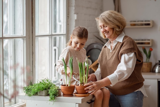 Une grand-mère de femme âgée et une petite-fille de petite fille s'occupent et plantent des plantes en pot