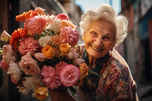 Photo une grand-mère heureuse avec un bouquet de fleurs pour la fête internationale de la femme