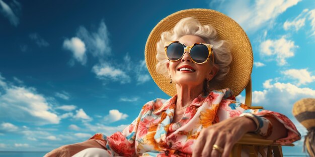 Une grand-mère joyeuse et heureuse se repose sur la plage sur une chaise longue. Generative AI