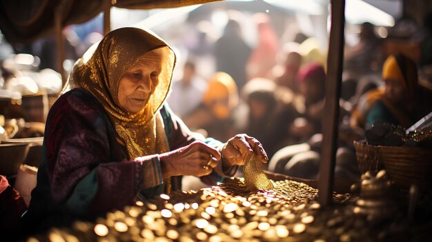 une grand-mère à kebaya vend des lingots d'or et des diamants dans un marché traditionnel