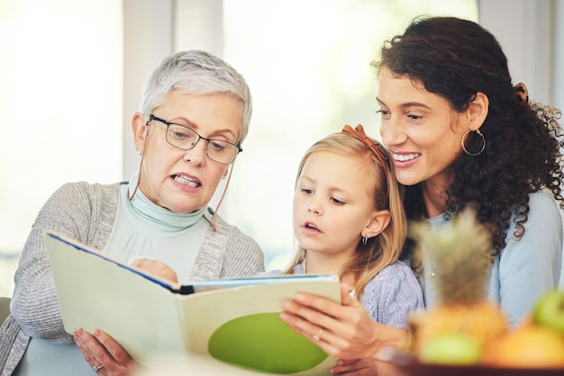 Grand-mère lisant et mère et fille à la maison avec un livre pour lier les devoirs ou apprendre Développement de l'enfant famille heureuse et maman grand-mère et enfant avec littérature éducative ou école à la maison