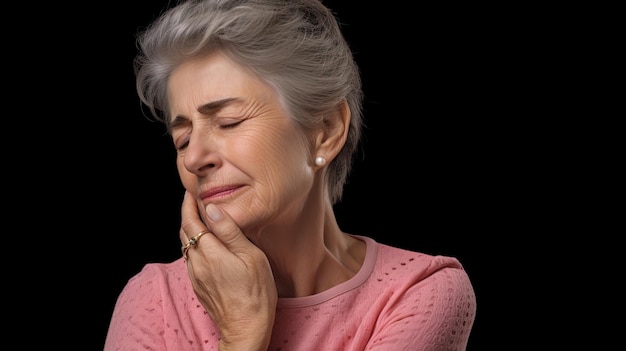 Grand-mère avec la main soutenant le cou dans la douleur