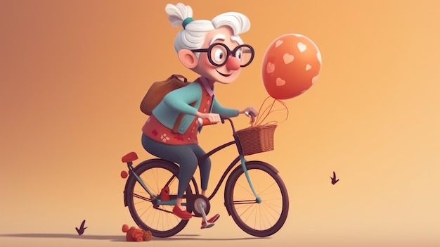 une grand-mère mignonne et souriante à vélo créée avec une IA générative