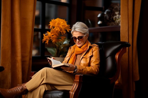 La grand-mère moderne lit un livre sur le canapé à la maison entourée de plantes et de fleurs