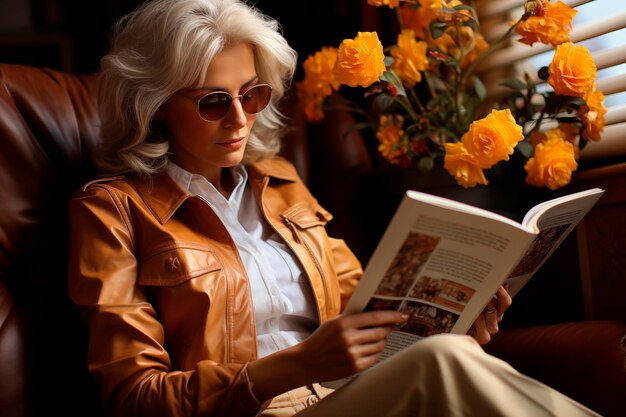 La grand-mère moderne lit un livre sur le canapé à la maison entourée de plantes et de fleurs