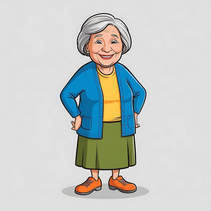 Photo grand-mère personnage de dessin animé qui marche