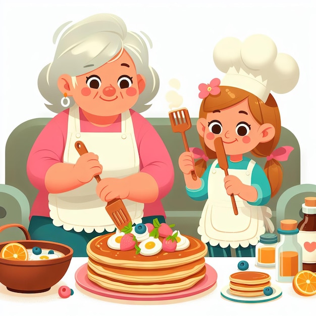 La grand-mère et la petite-fille cuisent des crêpes au style plat