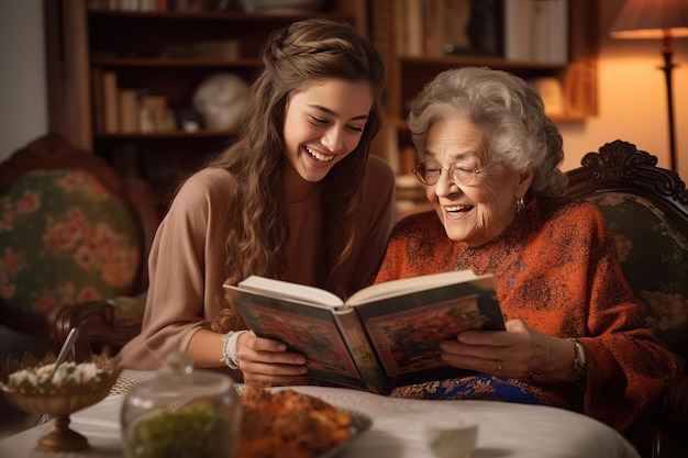 Une grand-mère et sa petite-fille lisant un livre ensemble