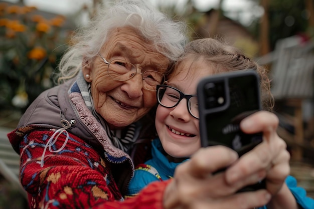 une grand-mère avec sa petite-fille prenant un selfie