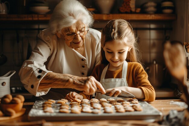 Une grand-mère et sa petite-fille s'amusent à cuisiner ensemble avec une IA générée