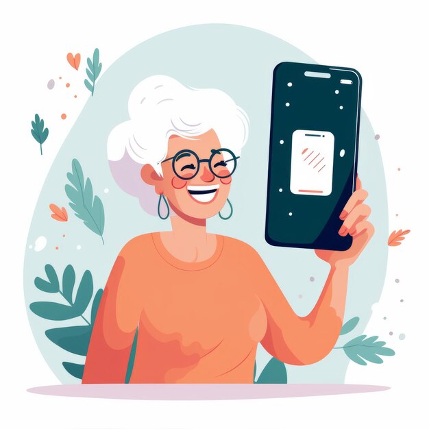 Grand-mère souriante et moderne tenant un smartphone Belle image d'illustration AI générative