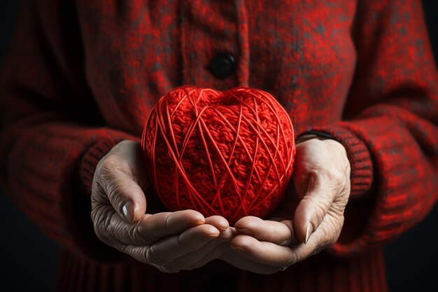 Une grand-mère tenant un paquet de fils de tricot en gros plan