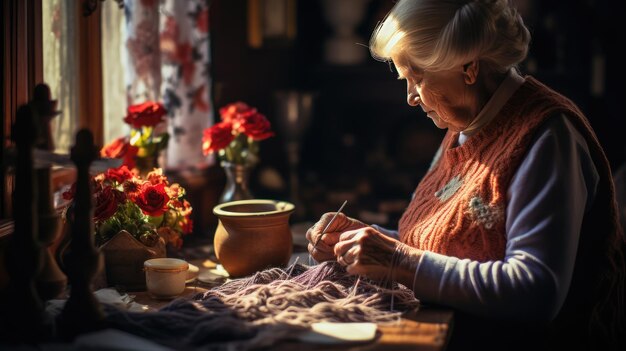 Grand-mère tricotant une image générée par l'IA