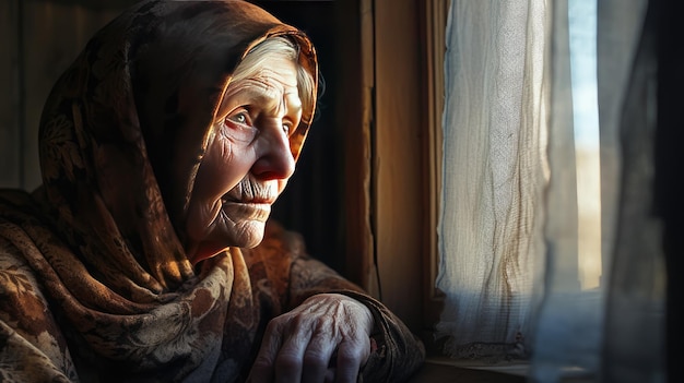 Grand-mère vieille femme solitaire Closeup portrait d'une femme âgée