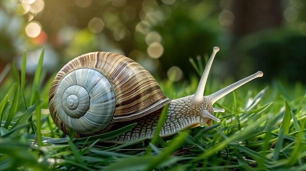 Photo un grand mollusque blanc avec une coquille rayée brune rampant sur l'herbe un jour ensoleillé de printemps vue rapprochée