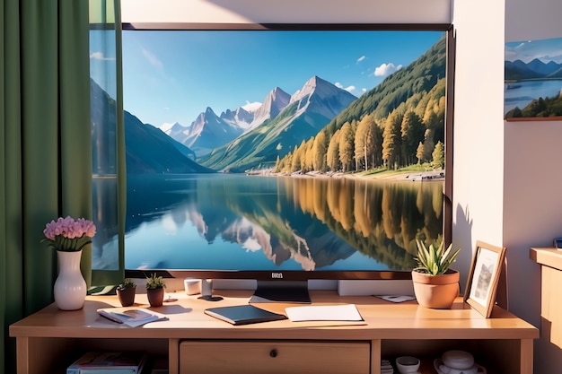 Un grand moniteur lg avec un lac et des montagnes à l'écran.