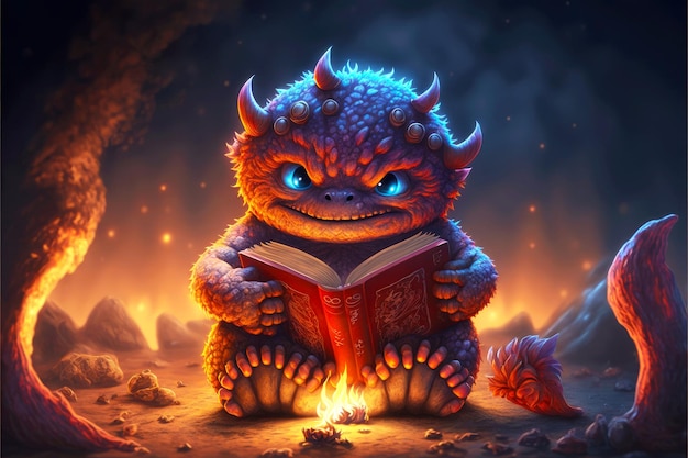 Grand monstre mignon lit des livres dans ses pattes sur fond d'enfer brûlant ai générative
